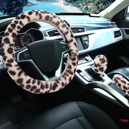 Picture of Fuzzy Steering Wheel Cover for Women Girls, Accmor Universal Fit 15 inch Fur Car Wheel Cover & Handbrake Cover & Gear Shift Cover Set, Fashion Leopard Winter Warm Fluffy Vehicle Wheel Protector