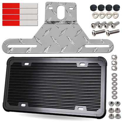 Picture of Aootf Trailer License Plate Bracket Holder- Truck/RVs/Boats Aluminum Car Tag Frame and Black Silicone Cover, Universal License Plate Light Mounting Kit with Stainless Steel Screw Cap