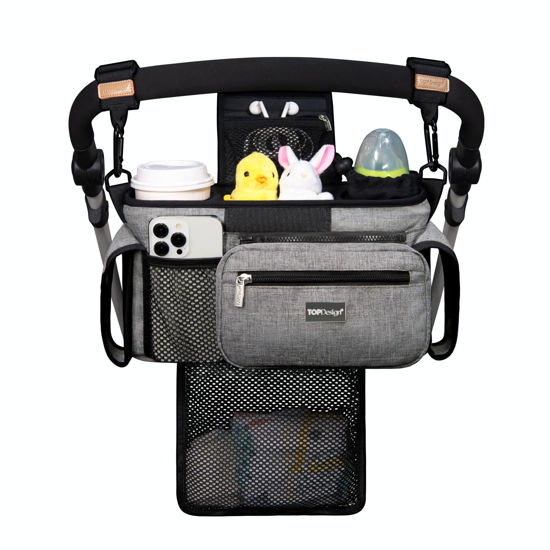 Picture of TOPDesign Universal Baby Stroller Organizer, Stroller Caddy with Detachable Mesh Bag & Heightened Insulated Cup Holders & Non-Slip Secure Hooks Accessories, Fits Most Strollers (Grey)