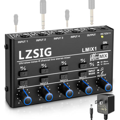 Picture of LZSIG Mini Audio Mixer,Stereo Line Mixer for Sub-Mixing,Ultra Low-Noise,4-Channel,Dynamic Microphone Independent Control, 1/4" & 1/8" TRS Output and Input,for Guitars,Bass,Keyboards (Small(4-Channel))
