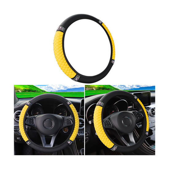 Picture of Bling Soft Leather Steering Wheel Cover, 15 Inch Colorful Rhinestones Auto Elastic Steering Wheel Protector, Sparkly Crystal Diamond for Women Girls, Car Accessories for Most Cars (Yellow)