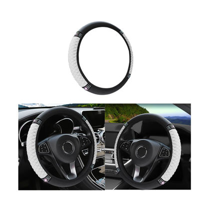 Picture of Leather Car Steering Wheel Cover, 15 Inch Colorful Rhinestones Elastic Auto Steering Wheel Protector, Bling Steering Wheel Cover for Women Men, Car Accessories for Cars, Vehicles, SUVs (White)