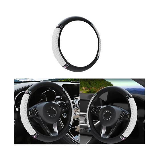 Picture of Leather Car Steering Wheel Cover, 15 Inch Colorful Rhinestones Elastic Auto Steering Wheel Protector, Bling Steering Wheel Cover for Women Men, Car Accessories for Cars, Vehicles, SUVs (White)