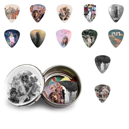 Picture of 12 Packs Guitar Picks with Tin Box Tay-lor Fans Love 0.71mm Celluloid Guitar Pick for Acoustic Guitar, Violin, Ukulele, Bass