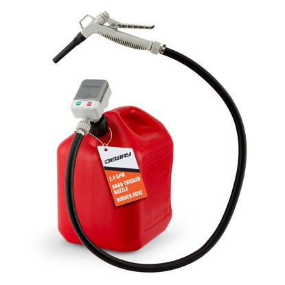 Picture of DeWay Fuel Transfer Pump for Gas Can with Manual Hand Trigger Nozzle | Fast 2.4GPM Flow Rate, 51” Heavy Rubber Hose, 4 AA Battery Power & 3 Adapters for Gasoline, Kerosene, Diesel & Non-Potable Water