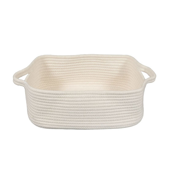 Picture of XUANGUO Woven Cotton Rope Storage Basket with Handles for Organizing Shelves Closet Small Cat Dog Pet Toy Basket Box Bin Decorative Rectangle Baby Nursery basket Gift basket Empty(white)