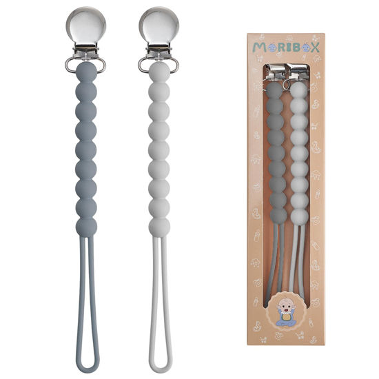 Picture of Pacifier Clip for Boys Girls - MORIBOX Paci Clip Soothie Baby Binky Holder for Shower Gift Birthday 2 Pack (Grey)