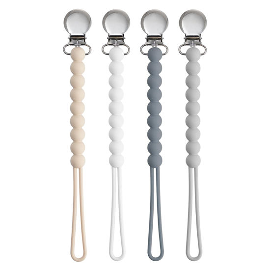 Picture of Pacifier Clip for Boys Girls - MORIBOX 4 Pack Paci Clip Soothie Baby Binky Holder for Shower Gift Birthday (Beige+White+Dgrey+Lgrey)
