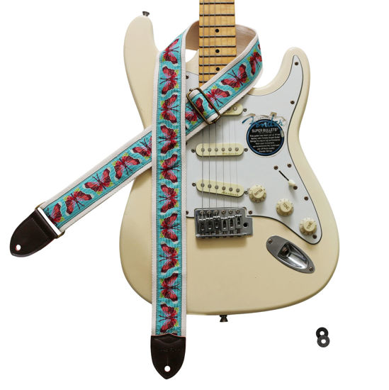 Picture of MUSIC FIRST Original Design, 2 inch width (5cm), Vintage Style Embroidery Blue Butterfly Electric Guitar Strap (Blue Butterfly)