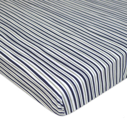 Picture of American Baby Company Fitted Mini Crib Sheet 24" x 38", Soft Breathable Neutral 100% Cotton Jersey Portable Sheet, Navy Fun Stripe, for Boys and Girls, Fits Most Pack N Play and Mini Crib Mattresses