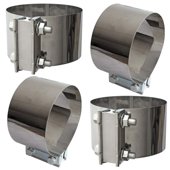Picture of Exhaust Clamps 5 Inch Butt Joint Exhaust Pipe Muffler Clamp Band 304 Stainless Steel(4 Pack 5" Butt Lap Joint Exhaust Clamp)