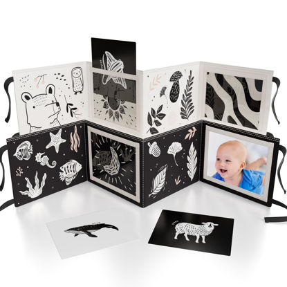Picture of Soft Tummy Time Book w/ Stimulating Baby Safe Mirror - Fun Black and White Montessori Toy w/ Crinkle Filling & 20 High Contrast Designs - Perfect Newborn Toy For Safe and Early Infant Development