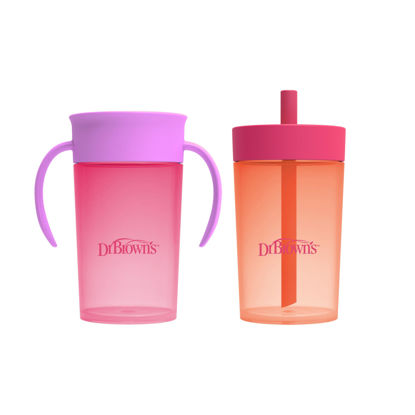 Picture of Dr. Brown's Milestones Straw to 360° Cup Set, Convertible Toddler Training Cup Set with Interchangeable Silicone Straw and 360 Degree Cup Lids, Pink Coral, 10 oz/300 mL, BPA Free, 9m+, 2 Pack