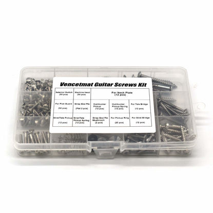 Picture of Vencetmat Guitar Screws Kit, Guitar Hardware Luthier Parts-kit for Tele/Strat/SQ,Switch,Tuner,Machine Head, Neck Plate,Pickguard,Guitar Strap End Pins,Pickup,Bridge,Guitar DIY Kit(Metric, Chrome)