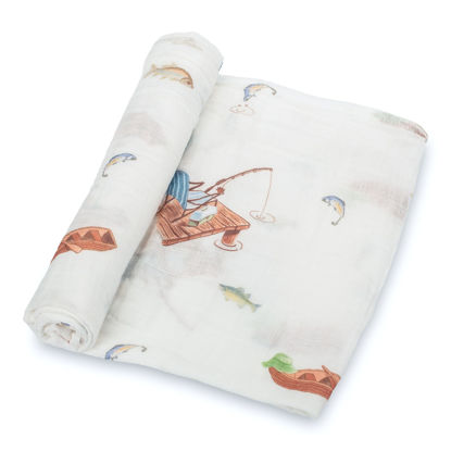 Picture of LollyBanks Muslin Swaddle Blanket | 100% Cotton | Newborn and Infant Blanket | Large 47 x 47 inches for Girls | Light Weight and Breathable | Fishing Outdoor Activities Theme