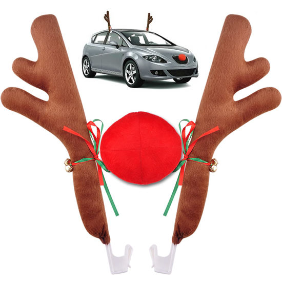 Picture of Angooni Car Reindeer Antlers & Nose Christmas Costume Auto Decoration, Rudolph Reindeer Jingle Bell Added to Holiday Spirit