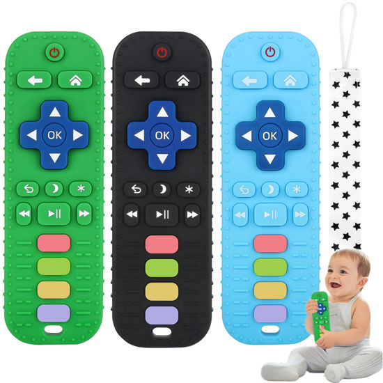 Picture of Fu Store 3 Pack Baby Teether Toy Chew Toy for Babies 0-12 Months 6-36 Months TV Remote Control Shape Teething Relief Baby Toys for Infants Learning Developmental Soothe Babies Gums Gifts Set