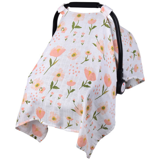 Picture of Muslin Carseat Cover for Babies, Metplus Breathable Infant Carseat Cover Lightweight Baby Carrier Cover for Girls Boys, Fit Spring Summer/Hot Days/Warm Weather, Pink Floral
