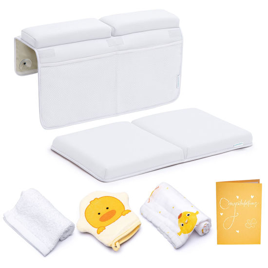 Picture of Bath Kneeler and Elbow Rest Pad, Extra Thick Baby Bath Kneeling Pad and Elbow Pad for Bathtub. Bath Tub Elbow Pad with Infant Toy and Baby Accessories Organizer, Off White Color