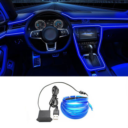 Picture of QVEVDACAR EL Wire Interior Car LED Strip Lights, 16.5FT USB Neon Glowing Strobing El Wire Lights with 6mm Sewing Edge, Ambient Lighting Kits for Car Inside Decorations (Blue)