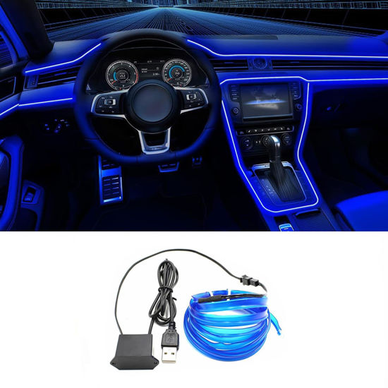 Picture of QVEVDACAR EL Wire Interior Car LED Strip Lights, 16.5FT USB Neon Glowing Strobing El Wire Lights with 6mm Sewing Edge, Ambient Lighting Kits for Car Inside Decorations (Blue)