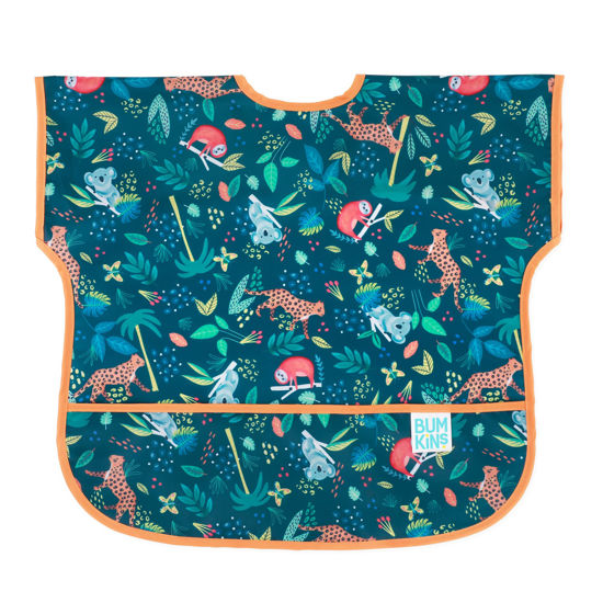 Picture of Bumkins Short Sleeve Bib for Girl or Boy, Toddler and Kids for 1-3 Years, Large Size, Essential Must Have for Junior Children, Eating, Mess Saving Soft Fabric Apron for Play, Jungle