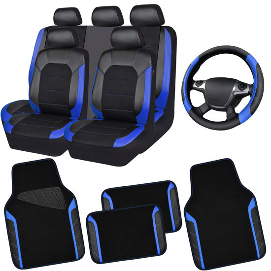 Picture of CAR PASS Air Mesh Leather Car Seat Covers Full Set,Waterproof Car Floor Mats, Sporty Steering Wheel Cover 14.5-15inch,Car Interior Sets Universal Fits for 95% Cars Truck SUV (Black and Blue)