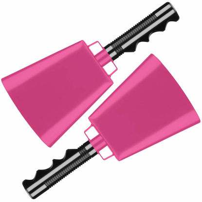 Picture of 2 pack 10 in. steel cowbell/Noise makers with handles. Cheering Bell sporting, football games, events. Large solid school hand bells. Cowbells. Percussion Musical Instrument. Cow Bell Alarm (pink)