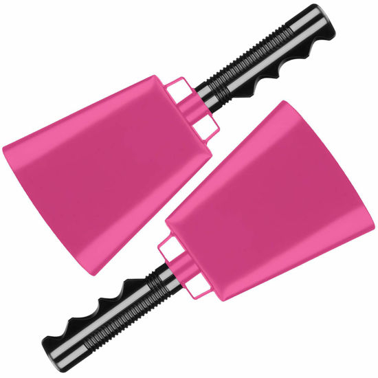 Picture of 2 pack 10 in. steel cowbell/Noise makers with handles. Cheering Bell sporting, football games, events. Large solid school hand bells. Cowbells. Percussion Musical Instrument. Cow Bell Alarm (pink)
