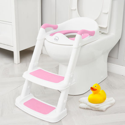 Picture of Forbena Potty Training Toilet Seat with Step Stool Ladder, Toddler Kids Potty Seat for Girls, Non Slip Foldable Toilet Training Seat with Soft Cushion, Comfortable Handles (White-Pink)