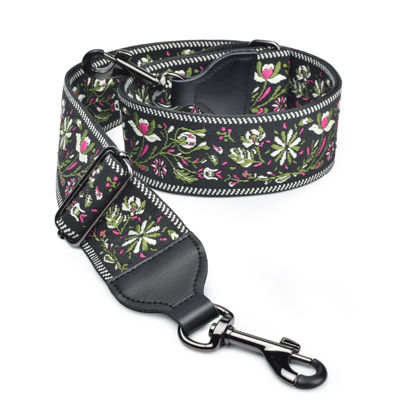 Picture of CLOUDMUSIC Banjo Strap Guitar Strap For Handbag Purse Jacquard With Leather Ends And Metal Clips(Chic Flowers In Black)