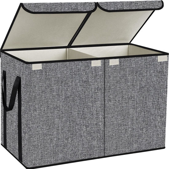 Picture of YOLOXO Large Kids Toy Box Chest Storage organizer with Double Flip-Top Lid - Collapsible Sturdy Toy Organizers And Storage Bins With Big Handles For Nursery, Playroom, 26.8"x13.8"x16"(Grey)