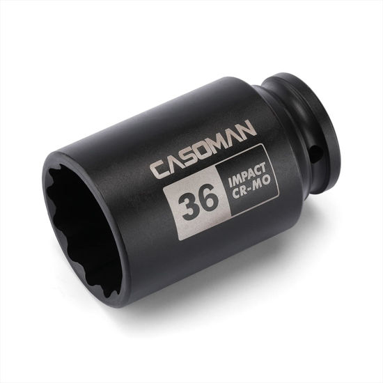Picture of CASOMAN 1/2" Drive x 36 mm Deep 12 PT Impact Socket, CR-MO, 1/2-inch Drive 12 Point Axle Nut Socket for Easy Removal of Axle Shaft Nuts (36MM)