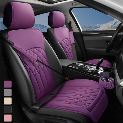 Picture of BEITK 2 Pack Leather Front Car Seat Covers, Universal Sideless Car Seat Protectors with Storage Pocket and Seat Belt Pads, Waterproof Automotive Seat Cover for Cars Trucks SUV(Purple)
