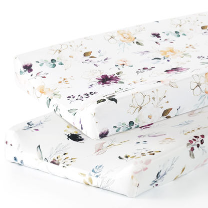 Picture of GRSSDER Stretch Ultra Soft Jersey Knit Changing Pad Cover Set 2 Pack,Change Table Pad Covers Fit 32"/34" x 16" Pads Safe and Snug,Watercolor Pretty Purple Flora for Girls