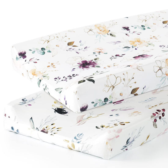 Picture of GRSSDER Stretch Ultra Soft Jersey Knit Changing Pad Cover Set 2 Pack,Change Table Pad Covers Fit 32"/34" x 16" Pads Safe and Snug,Watercolor Pretty Purple Flora for Girls