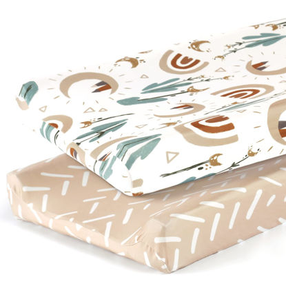 Picture of GRSSDER Stretch Ultra Soft Jersey Knit Changing Pad Cover Set 2 Pack, Change Table Pad Covers Fit 32"/34" x 16" Pads Safe and Snug, Stylish Cute Rainbow Print for Baby