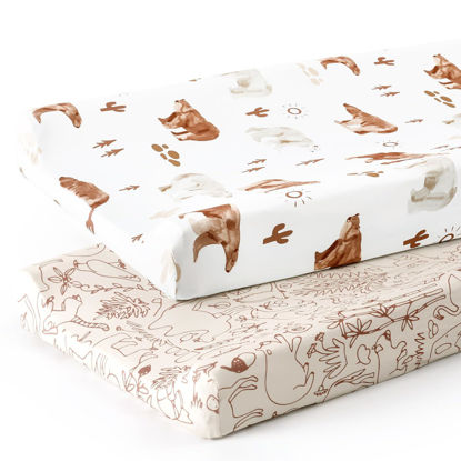 Picture of GRSSDER Stretchy Ultra Soft Jersey Knit Changing Pad Cover Set 2 Pack, Change Table Pad Covers Fit 32"/34" x 16" Pads Safe and Snug, Cute Diaper Changing Pad Covers of Sunny Bear Print