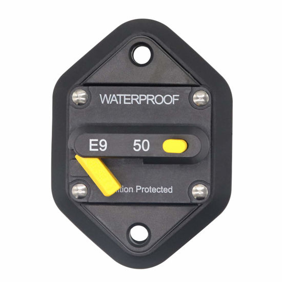 Picture of T Tocas Hi-amp Type III 50A Circuit Breaker with Manual Reset Panel Mount, 12V- 48VDC, Switchable Waterproof
