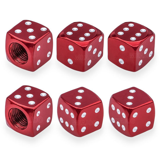 Picture of MEAJOO 6PCS Aluminum Dice Tire Valve Stem Caps, Universal Aluminium Alloy Dustproof Tire Valve Stem Covers for Cars, SUV, Trucks, Bikes, Motorcycles, Bicycles(Red)