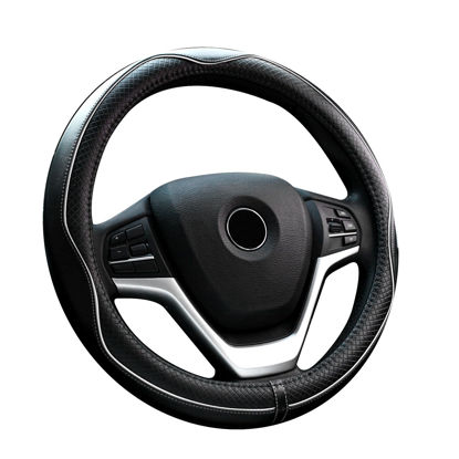 Picture of Valleycomfy Steering Wheel Covers Universal 15 inch - Genuine Leather, Breathable, Anti Slip & Odor Free (White Line, M(14" 1/2-15" 1/4))