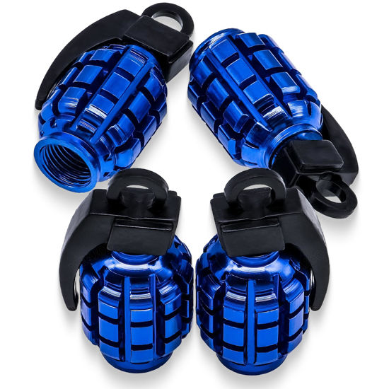 Picture of MEAJOO 4 PCS Grenade Style Tire Valve Stem Caps, Stainless Steel Tire Valve Caps Wheel Valve Caps for Cars,Trucks, SUV, Motorcycles, Bicycles (Blue)