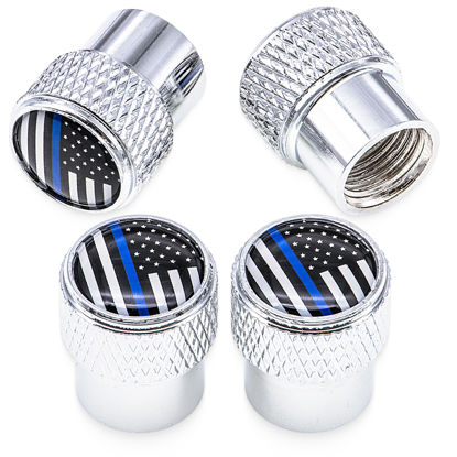 Picture of MEAJOO 4 PCS American Flag Plaid Tire Valve Stem Caps, Corrosion Resistant Premium Aluminum Alloy Valve Stem Covers, Universal Dust Proof Stem Covers for Cars SUVs Motorcycles Bicycles (Silver)