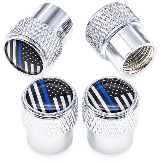 Picture of MEAJOO 4 PCS American Flag Plaid Tire Valve Stem Caps, Corrosion Resistant Premium Aluminum Alloy Valve Stem Covers, Universal Dust Proof Stem Covers for Cars SUVs Motorcycles Bicycles (Silver)