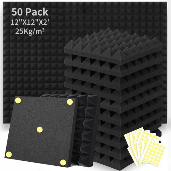 Picture of Focusound 50 Packs Acoustic Foam Panels Pyramid 2" X 12" X 12", Soundproofing Foam Noise Cancelling Foam with 300 PCS Double-Side Adhesive