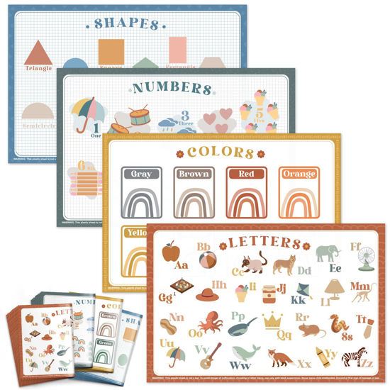 Picture of Babebay Disposable Placemats for Baby, 40 Pack Sticky Toddler Placemat for Restaurants, Dining Table, Party, Travel, 12" x 18" with 4 Designs