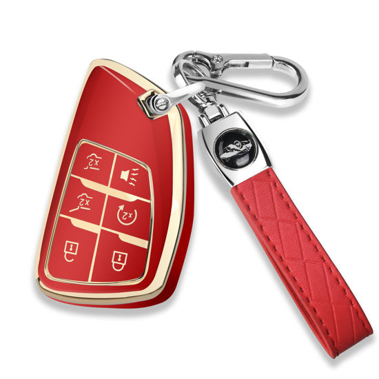 Picture of QBUC for Chevy Key Fob Cover with Keychain Soft TPU Protection Case Compatible with Compatible with 2021-2024 Chevy Tahoe Suburban GMC Yukon Denali Silverado 6-Buttons(Gold Trim Red)