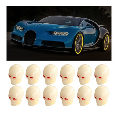 Picture of 12PCS Fluorescent Skull Tire Valve Stem Caps, Luminous Auto Wheel Air Valve Cap, Illuminated Glow in The Dark Corrosion Resistant, Car Accessories for Truck, SUV, Motorcycle, Car (Skull Yellow)