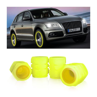 Picture of 4PCS Fluorescent Car Tire Valve Stem Caps, Luminous Glow in The Dark Auto Tire Valve Cover, Illuminated Corrosion Resistant, Car Decor Accessories Universal for SUV, Trucks, Cars (Yellow)