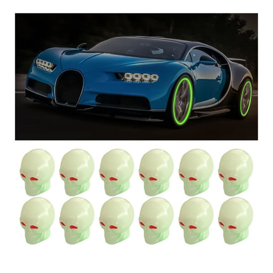 Picture of 12PCS Fluorescent Skull Tire Valve Stem Caps, Luminous Auto Wheel Air Valve Cap, Illuminated Glow in The Dark Corrosion Resistant, Car Accessories for Truck, SUV, Motorcycle, Car (Skull Green)